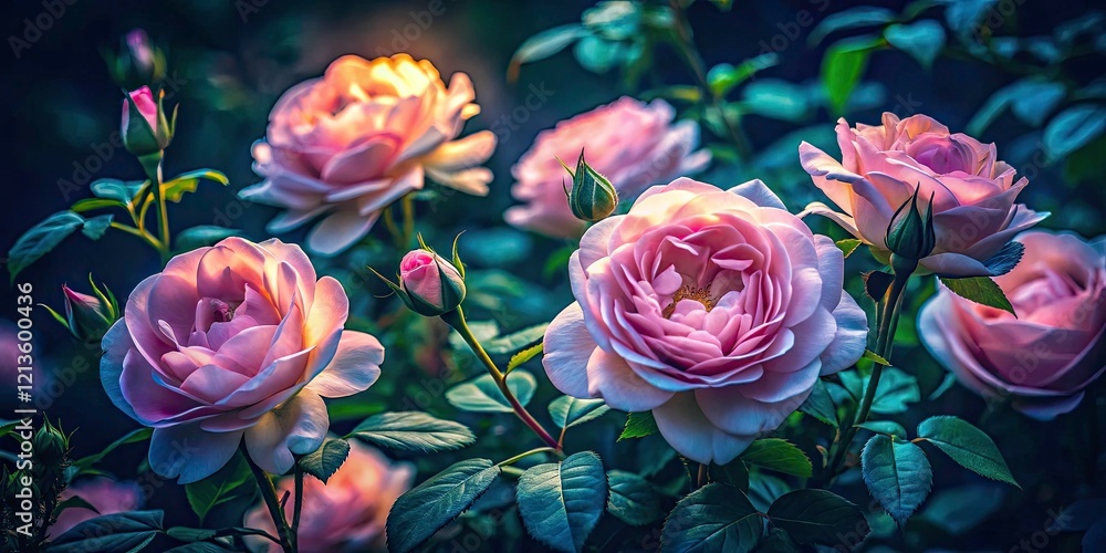 Night Photography Pale Pink Roses Green Leaves - Dark Romantic Floral Image Night Photography Pale Pink Roses Green Leaves - Dark Romantic Floral Image