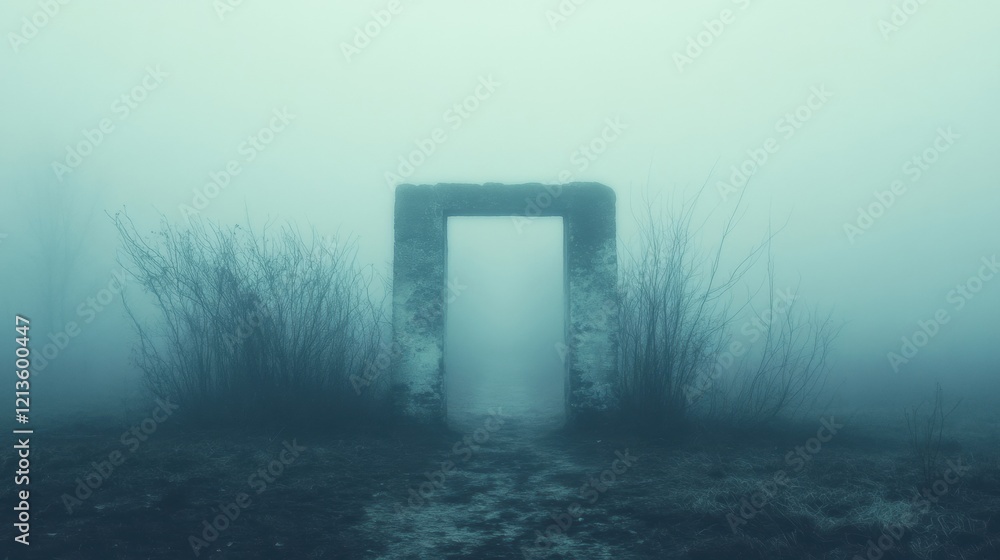 A mystical portal stands quietly in a foggy forest, shrouded by mist and surrounding overgrown vegetation, inviting curiosity and wonder A mystical portal stands quietly in a foggy forest, shrouded by mist and surrounding overgrown vegetation, inviting curiosity and wonder