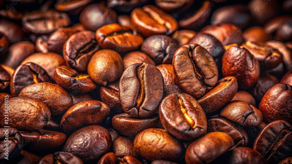 Obraz premium Panoramic Coffee Beans: Glossy, Dark Roast Coffee Bean Texture, High-Resolution Image