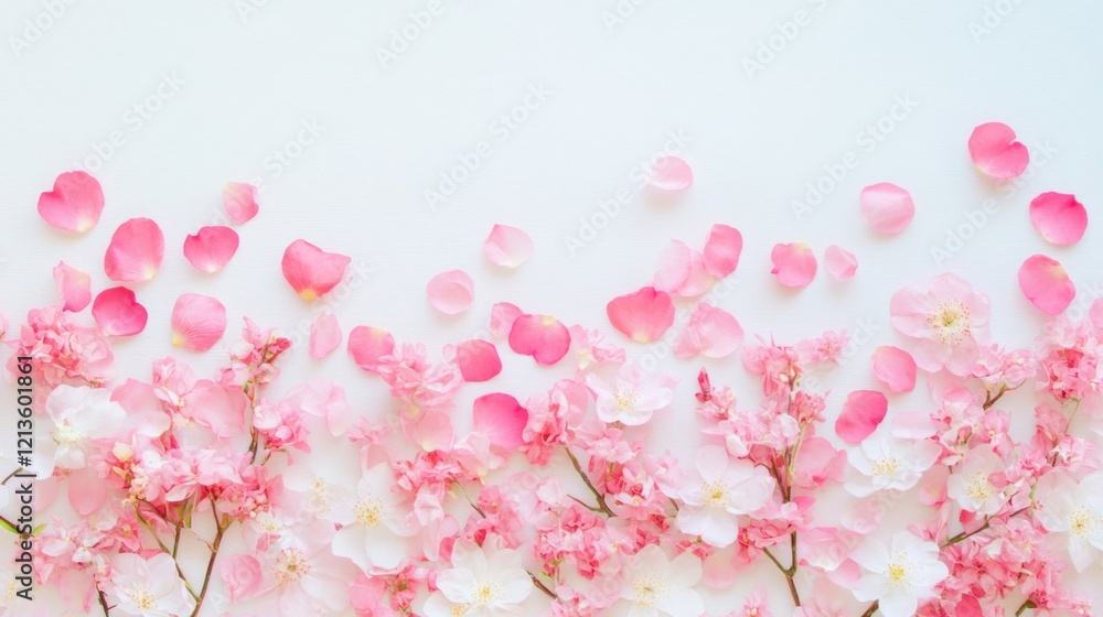 Delicate pink rose petals and flowers are thoughtfully arranged on a clean white background, creating a serene and peaceful ambiance Delicate pink rose petals and flowers are thoughtfully arranged on a clean white background, creating a serene and peaceful ambiance