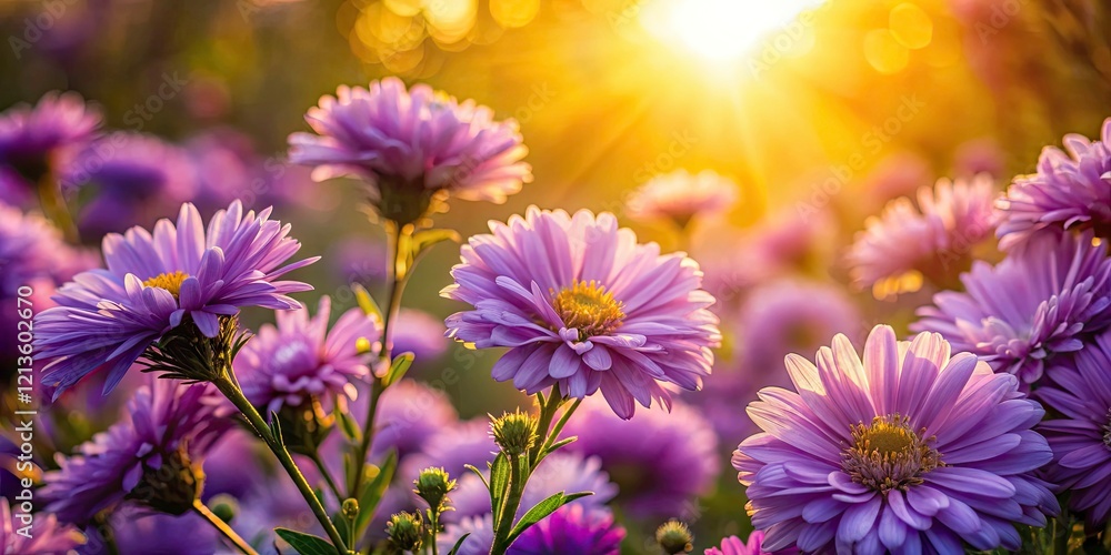 Fototapeta premium Purple Flowers Warm Light Photography, Vibrant Blooms, Sunset Purple Flowers, Floral Image, Spring Flowers, Close Up Purple Flowers