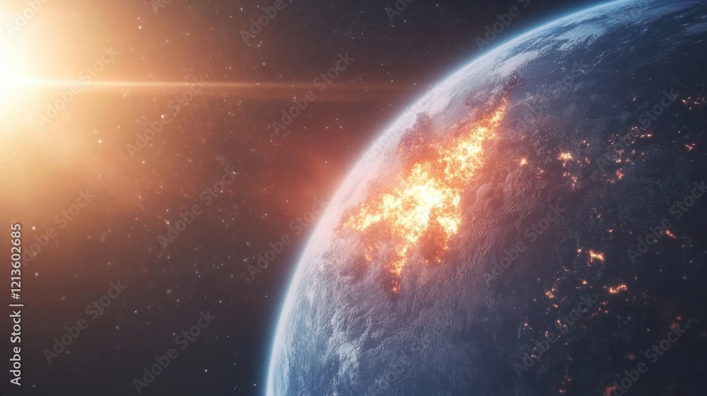 Obraz premium A nuclear explosion erupts on Earth, visible from space, with fiery devastation illuminating the planet's surface against a cosmic backdrop