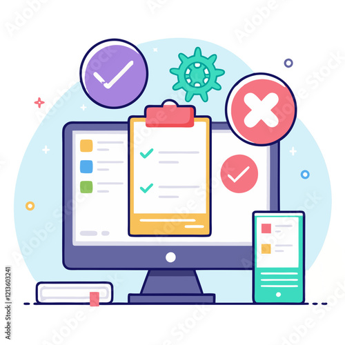 Visual features a desktop and mobile device displaying clean code with checkmarks indicating successful compilation and error-free programming. The focus is on software quality assurance