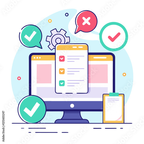 A computer monitor showcases a clean code interface with checkmarks indicating successful validation. Colorful icons emphasize the absence of errors during code inspection