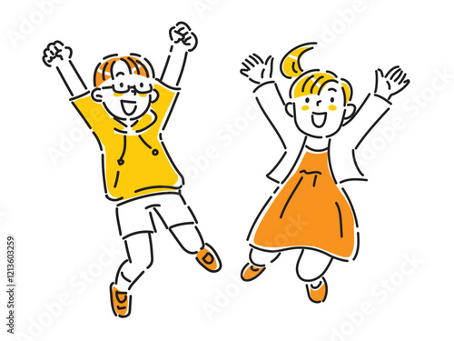 笑顔でジャンプする子どもたちの手描きイラスト