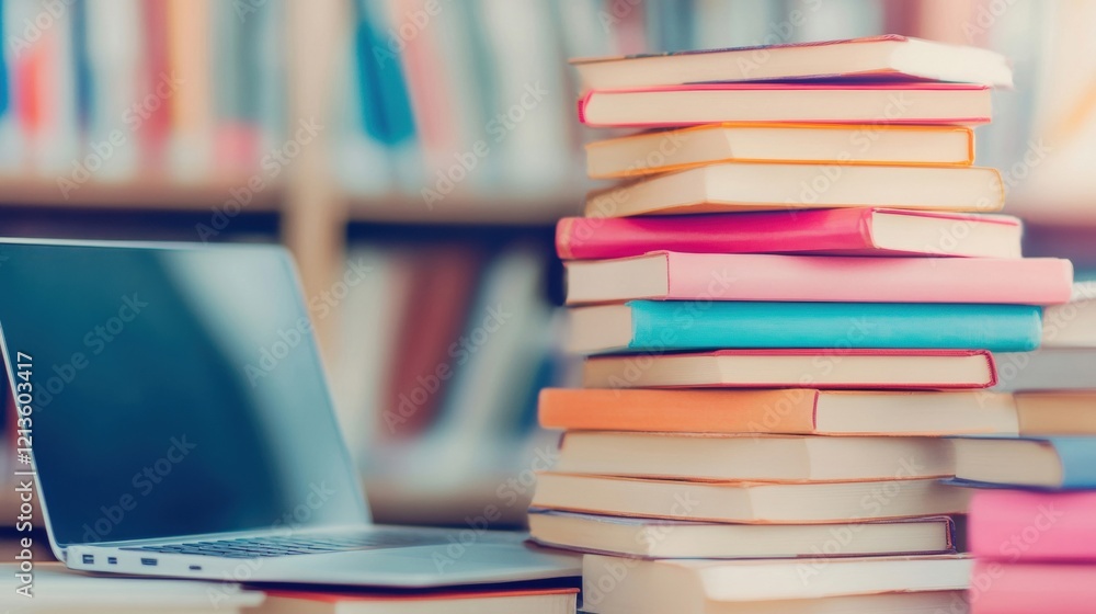 A laptop is positioned next to a vibrant stack of books, creating a productive atmosphere in a quiet library with shelves lined with literature A laptop is positioned next to a vibrant stack of books, creating a productive atmosphere in a quiet library with shelves lined with literature