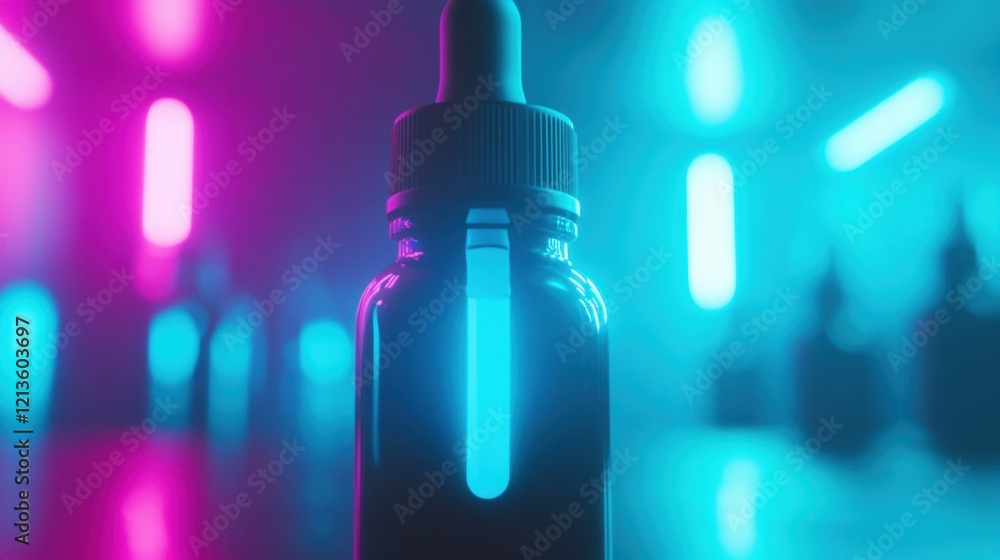 A medical dropper bottle stands out with glowing blue neon lights, creating an eye-catching atmosphere in a contemporary space A medical dropper bottle stands out with glowing blue neon lights, creating an eye-catching atmosphere in a contemporary space