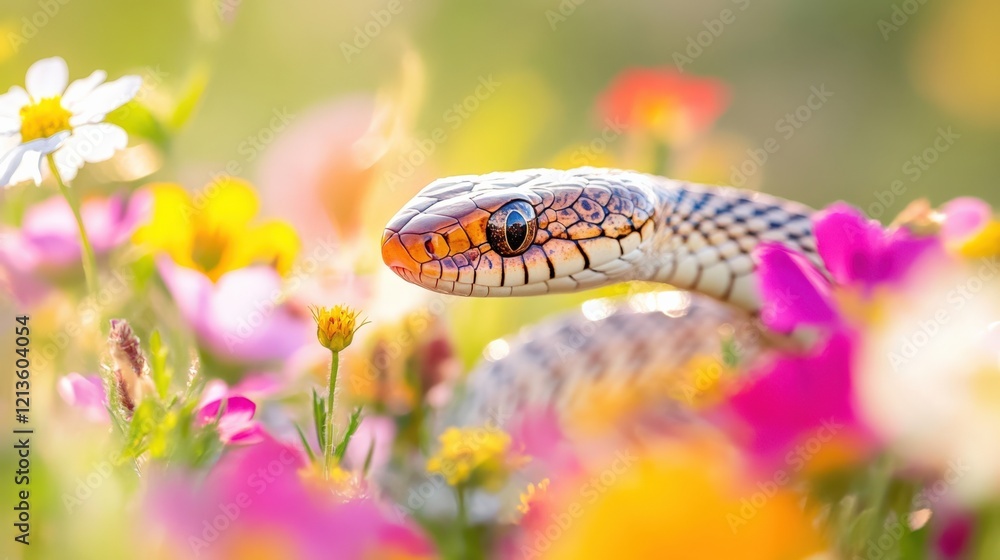 Obraz premium A Captivating Close-Up of a Colorful Snake Among Vibrant Wildflowers in a Lush Garden Setting, Showcasing Nature's Beauty and Intricacy