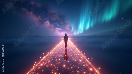 A person walking on a glowing path of stars in the night sky surrounded vibrant galaxies shimmering auroras and a sense of endless wonder ultra-detailed and surreal