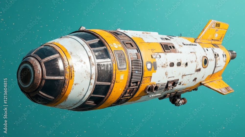 Futuristic Spacecraft with Distressed Surface in Aquatic Background Futuristic Spacecraft with Distressed Surface in Aquatic Background