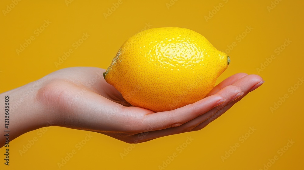 A hand holding a bright yellow lemon against a vibrant yellow background. A hand holding a bright yellow lemon against a vibrant yellow background.