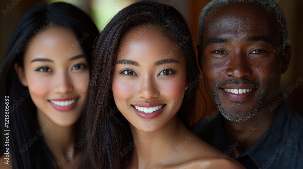 A close-up portrait of three smiling individuals, showcasing diversity and joy. A close-up portrait of three smiling individuals, showcasing diversity and joy.