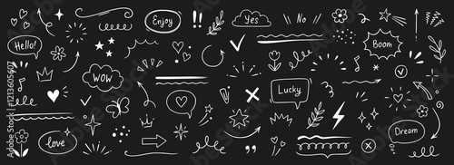 Cute line sketch star, arrow, heart decoration element icon set. Hand drawn sketch doodle cute star, emphasis, flower element. Pen line text decoration shape icon. Chalkboard vector illustration.