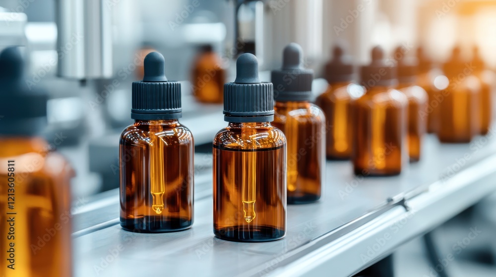 A production line of amber glass bottles, typically used for essential oils or liquids, arranged neatly on a conveyor belt. A production line of amber glass bottles, typically used for essential oils or liquids, arranged neatly on a conveyor belt.