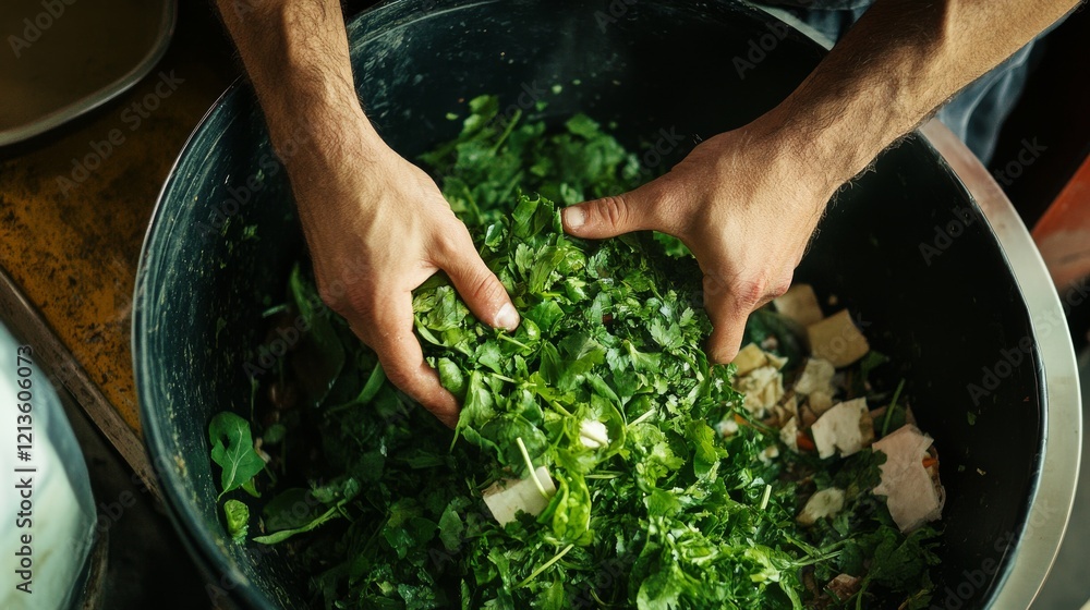 Food waste composting moment, hands scraping plate leftovers, organic kitchen waste collection, fresh produce in composting bin, lifestyle documentary photography, natural indoor lighting, Food waste composting moment, hands scraping plate leftovers, organic kitchen waste collection, fresh produce in composting bin, lifestyle documentary photography, natural indoor lighting,