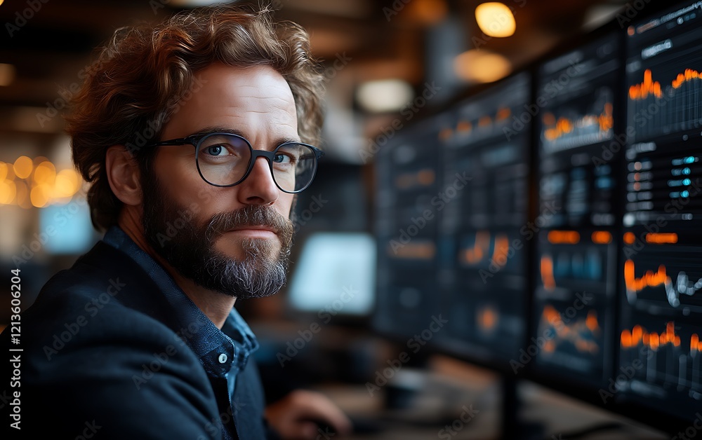 Fototapeta premium Focused businessman working with data on multiple monitors.