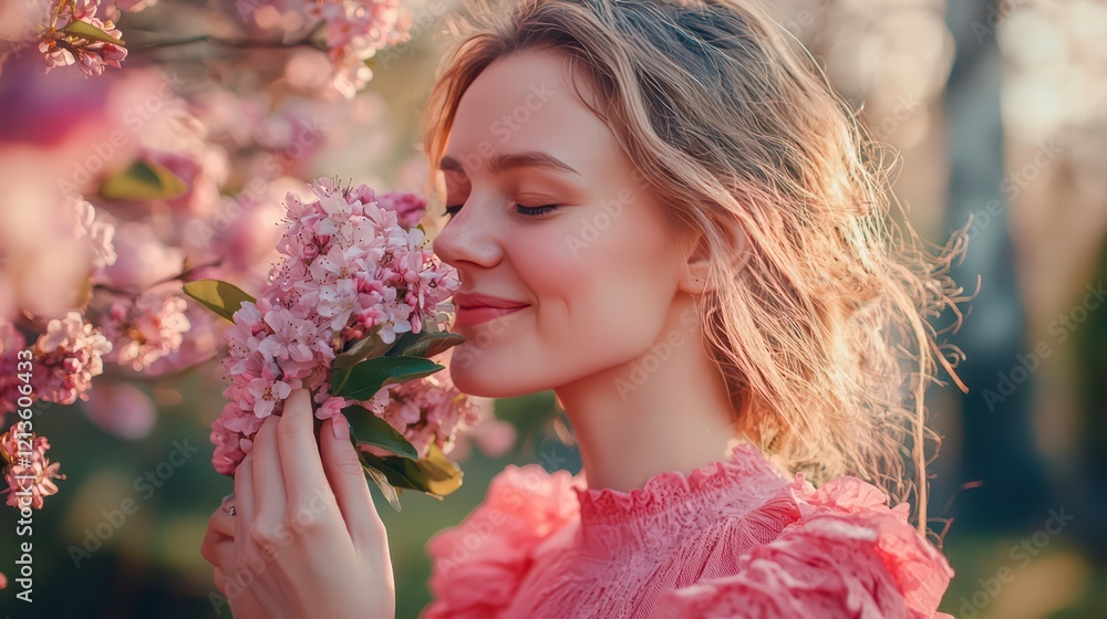 Fototapeta premium A young woman with golden hair and a gentle smile inhales the sweet scent of pink blossom, capturing the essence of spring's gentle awakening.