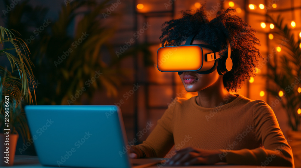 Naklejka premium Images of business professionals using virtual reality technology for remote meetings, virtual learning, and immersive product demonstrations.