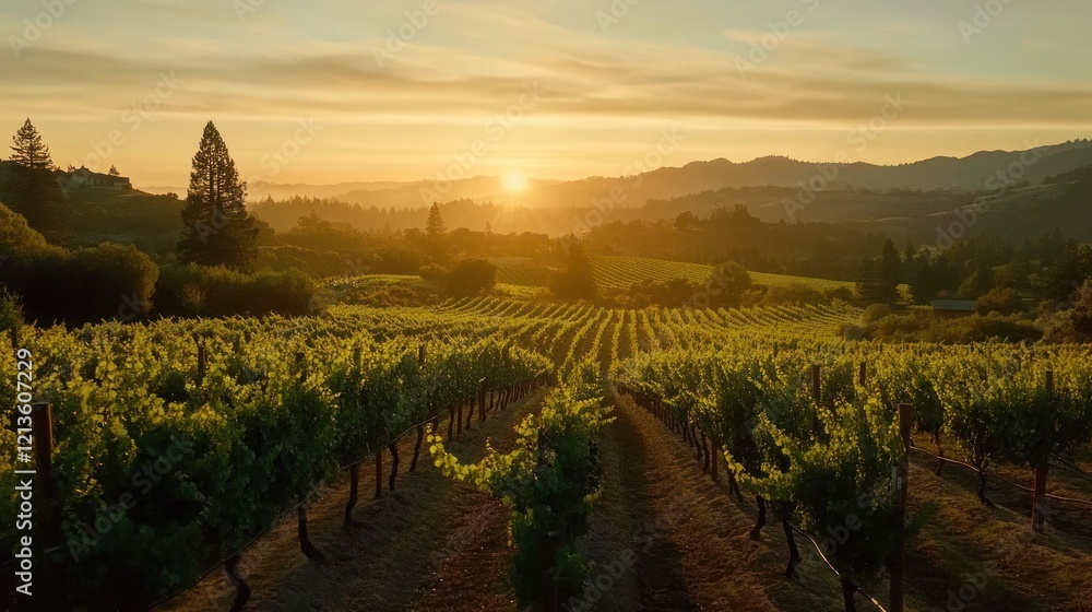 Naklejka premium Golden Hour Vineyard: Serene Sunset over Rolling Hills