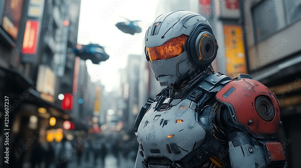 Futuristic robot in cyberpunk city. Futuristic robot in cyberpunk city.