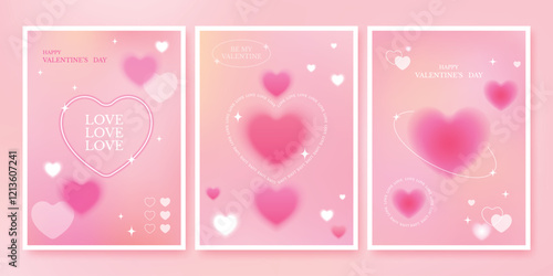 Valentine’ s day card set with blur gradient heart on pink background trendy minimal template with brutalism shapes for social post, banner, poster, cover design.