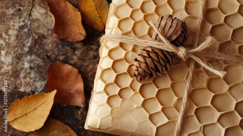 Environmental gift wrap study, intricate honeycomb paper texture, biodegradable packaging design, handtied natural accents, sustainable material focus, warm tonal composition, artisanal wrapping