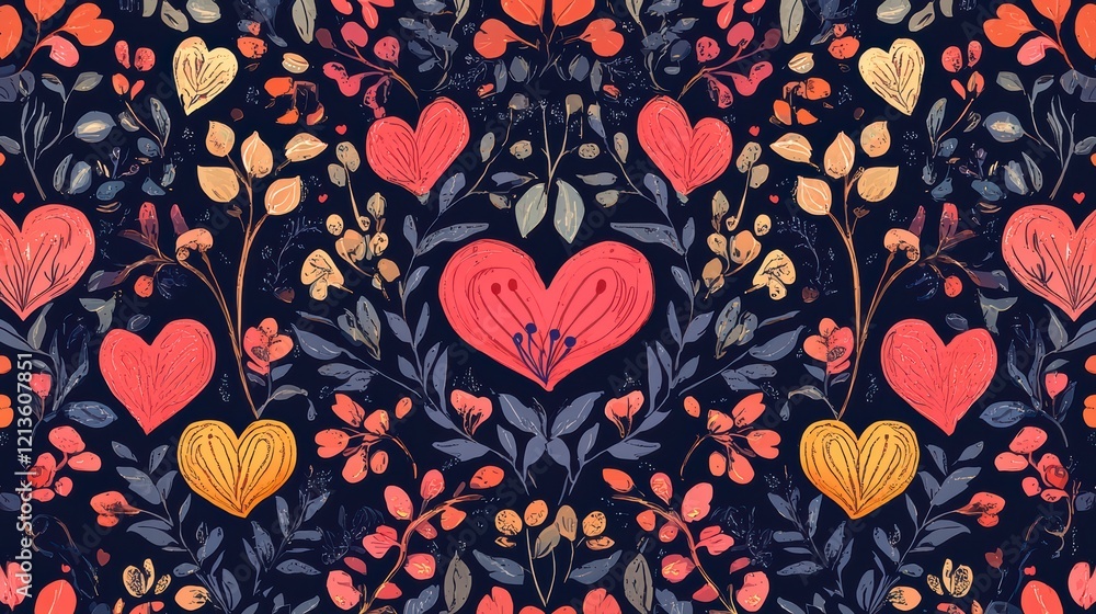 Fototapeta premium Floral Heart Pattern: A romantic and enchanting seamless pattern featuring delicate floral sprigs intertwined with vibrant hearts, creating a timeless and elegant design perfect for Valentine's Day.