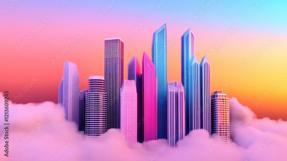 Fototapeta premium Dreamy Skyscrapers Emerging from Colorful Clouds at Sunset