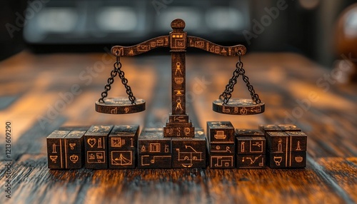 Balanced scales on hieroglyphic blocks, wooden table, blurred background