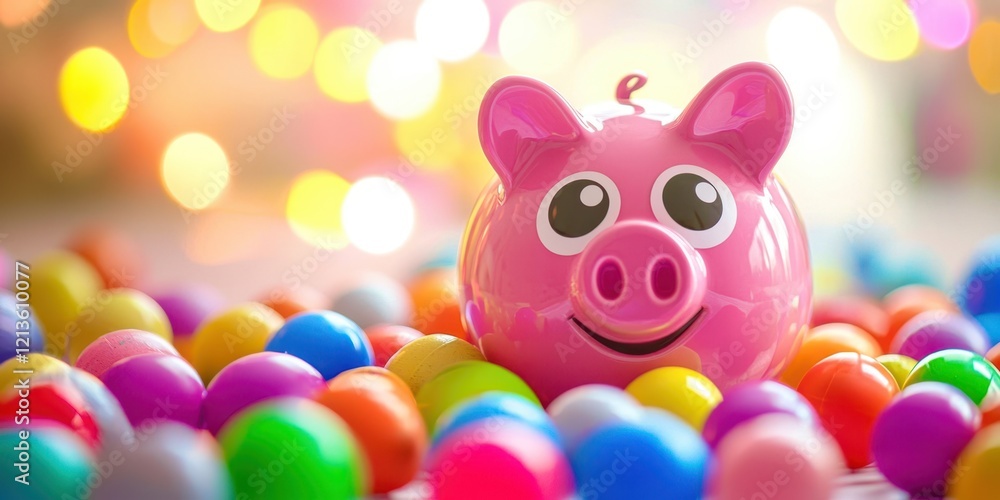 Pink pig is sitting on a pile of colorful balls Pink pig is sitting on a pile of colorful balls