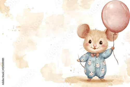 A positive little mouse in blue pajamas holds a balloon. Watercolor card with place for text.