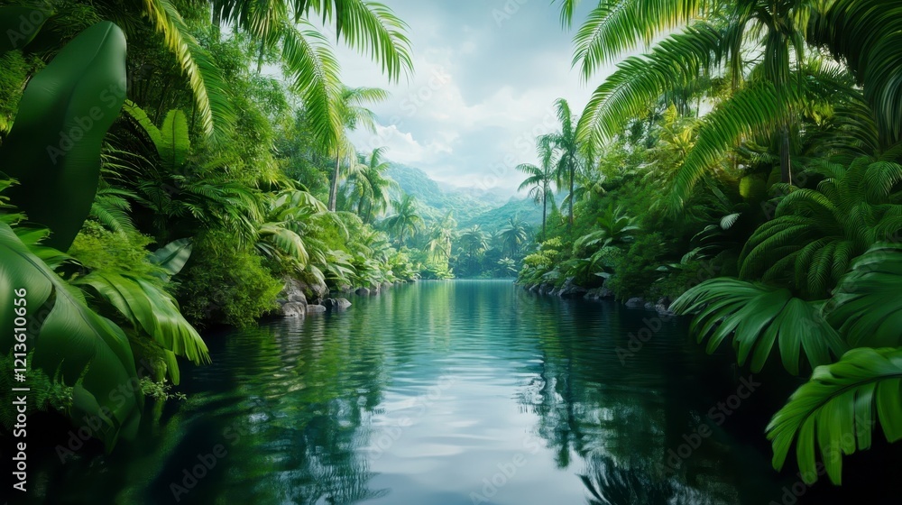 Lush Tropical Jungle River Surrounded by Greenery and Palm Trees Lush Tropical Jungle River Surrounded by Greenery and Palm Trees