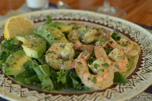 A vibrant dish featuring shrimp and avocado on a bed of greens, garnished with herbs and a lemon slice, served on an ornate plate. photo