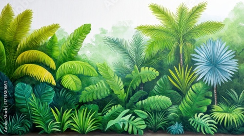 Lush Tropical Greenery Mural with Vibrant Leafy Plants and Palms photo