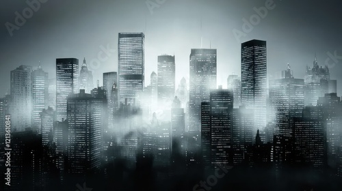 A misty skyline reveals tall buildings, shrouded in fog, creating a mysterious and atmospheric urban scene.
