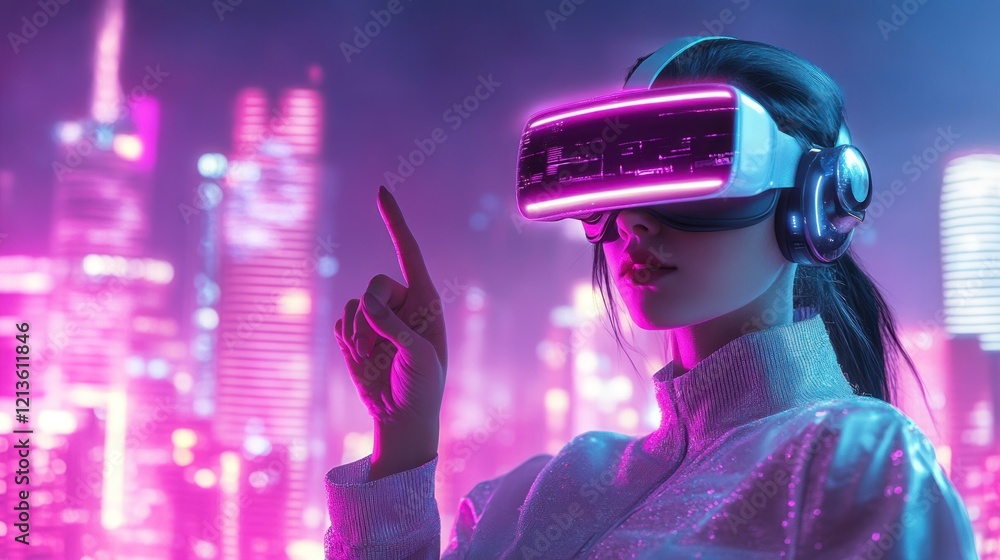 Cyberpunk Cityscape: Woman in VR Headset Exploring Neon Metropolis Cyberpunk Cityscape: Woman in VR Headset Exploring Neon Metropolis