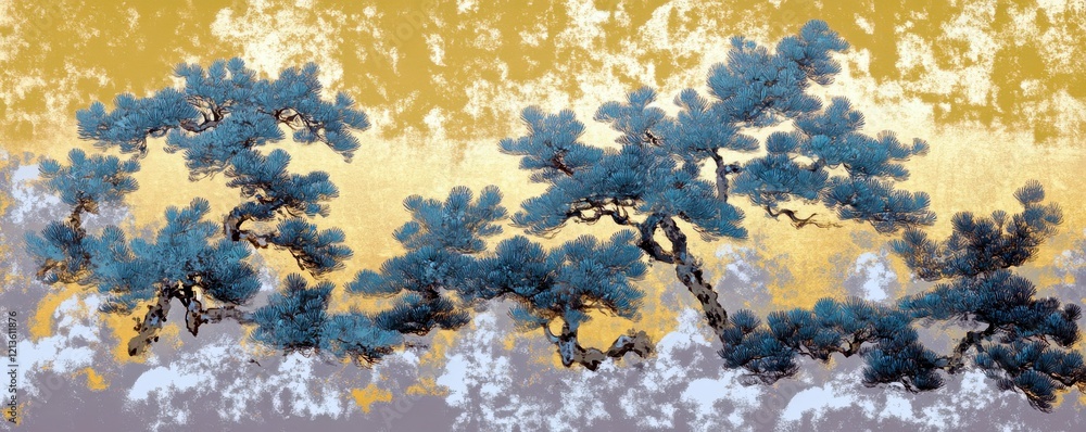 Fototapeta premium Serene Blue Pine Trees Against a Textured Gold and Gray Background for Tranquil Nature Imagery