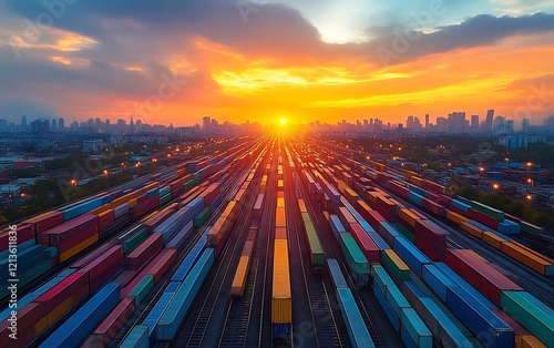 Colorful shipping containers at sunset.