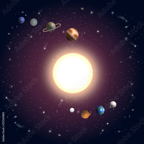 Solar system vector illustration with planets orbiting the sun, surrounded by stars and a cosmic background, perfect for educational, scientific, and space-themed designs..