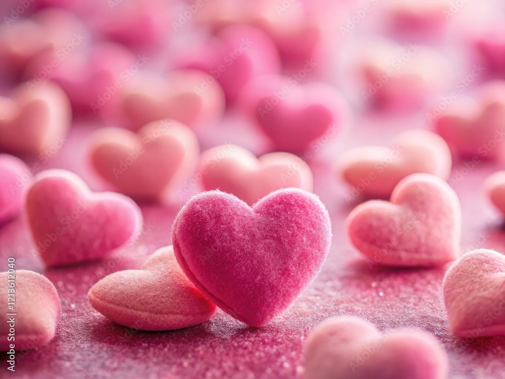 Obraz premium Valentine's Day Pink Velvet Hearts Background, Tilt-Shift Photo, Romantic Copy Space