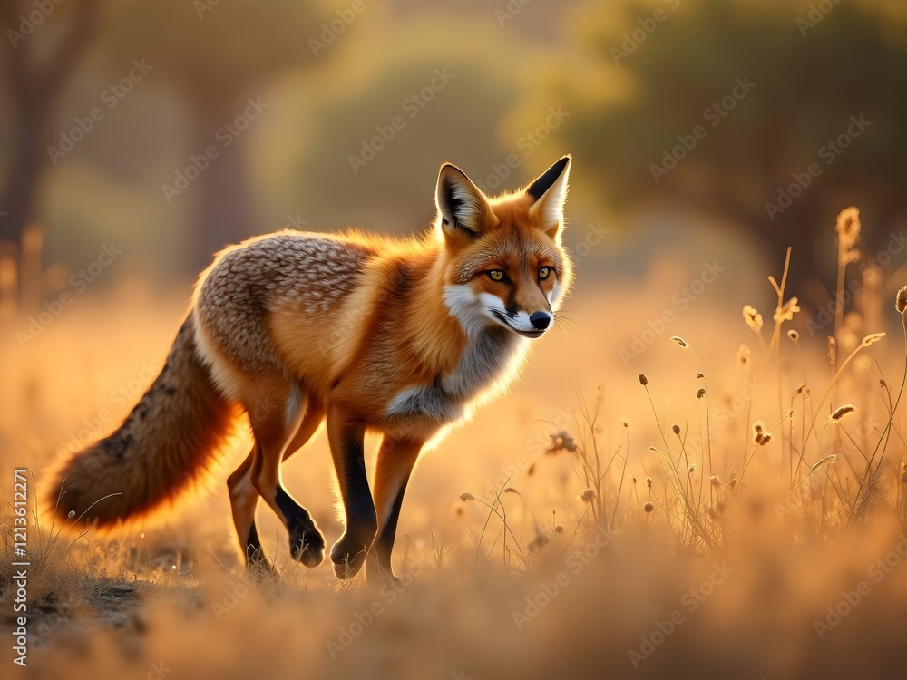 Red Fox Walking Through Golden Grass Field at Sunset Red Fox Walking Through Golden Grass Field at Sunset