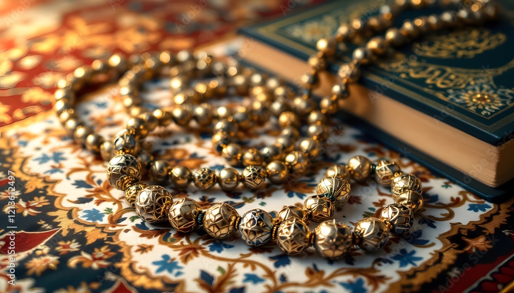 Elegant Gold Tasbih and Quran on Prayer Mat Elegant Gold Tasbih and Quran on Prayer Mat