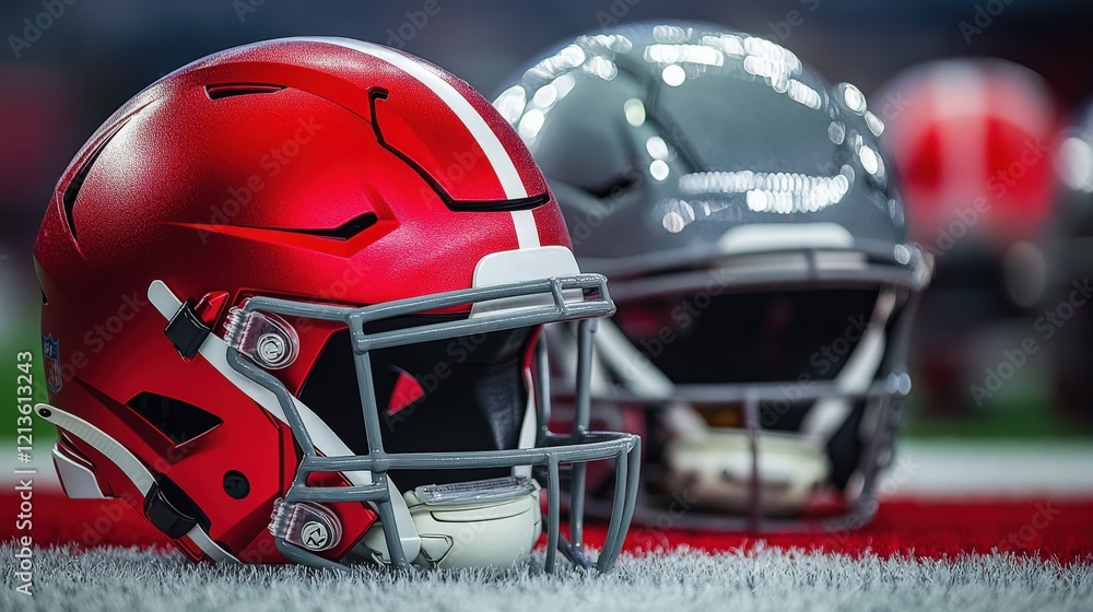 Red helmet with a white stripe facing a gray helmet in a football stadium at Super Bowl night, illuminated by bright stadium lights, capturing the intense atmosphere of competition and excitement. Red helmet with a white stripe facing a gray helmet in a football stadium at Super Bowl night, illuminated by bright stadium lights, capturing the intense atmosphere of competition and excitement.