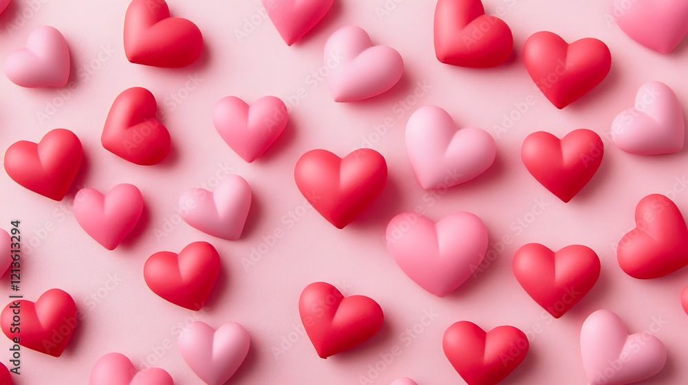 Pink and red hearts scattered on a pink background Pink and red hearts scattered on a pink background