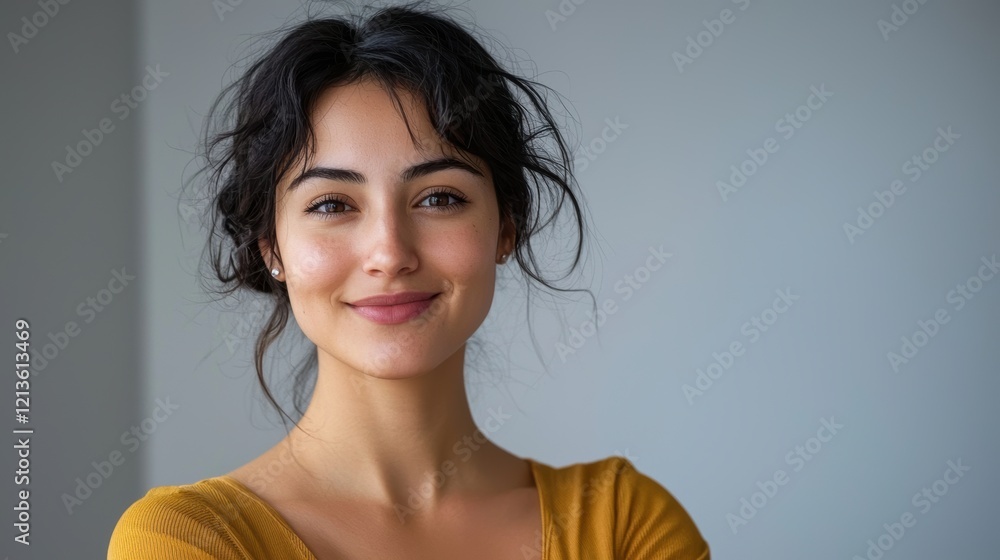 A woman with a yellow shirt is smiling and looking at the camera. Generative AI A woman with a yellow shirt is smiling and looking at the camera. Generative AI