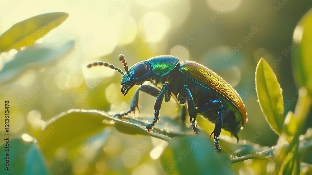 Fototapeta premium Jewel beetle crawling sunlit leaf, garden bokeh, nature poster