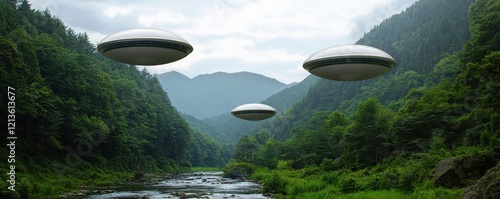 clean energy hydropower concept. Three flying saucers hover over a serene river in a lush mountainous landscape.