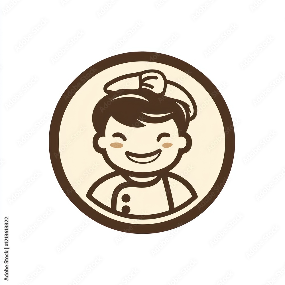 Smiling young cook character in a brown circle, use as a sticker, logo or icon Smiling young cook character in a brown circle, use as a sticker, logo or icon