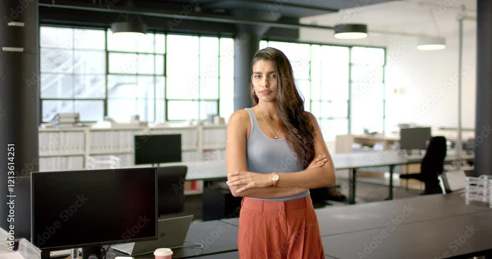 Confident Indian businesswoman standing with arms crossed in modern office workspace