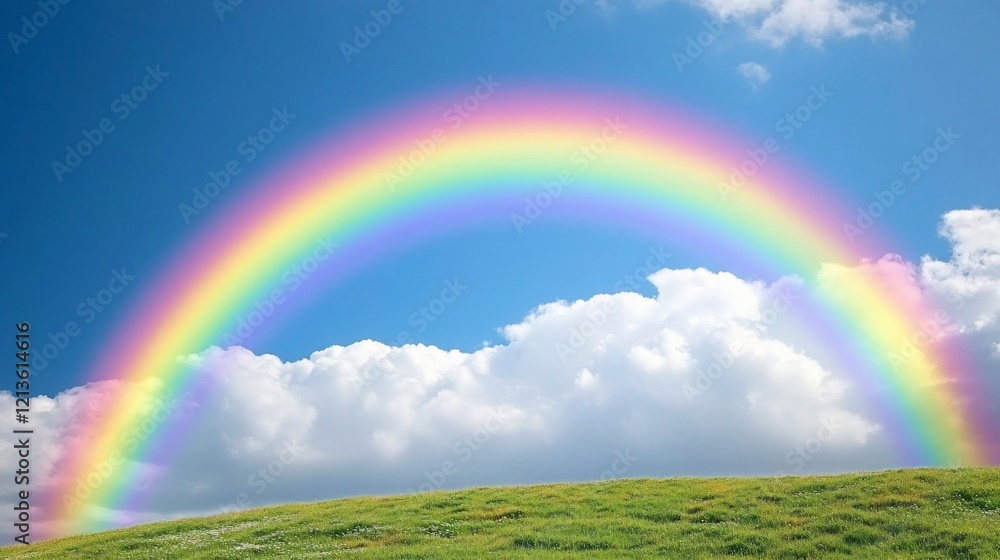 Vibrant rainbow arcing over a grassy hill and fluffy clouds, ideal for idyllic backgrounds Vibrant rainbow arcing over a grassy hill and fluffy clouds, ideal for idyllic backgrounds
